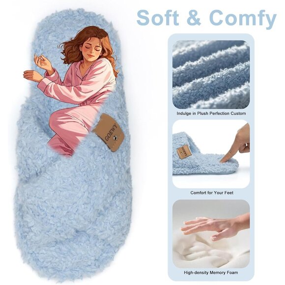 ⚡Women’s Sky Blue Faux Fur Cozy Fuzzy Cross Band Slippers Indoor House Shoes - Picture 3 of 6